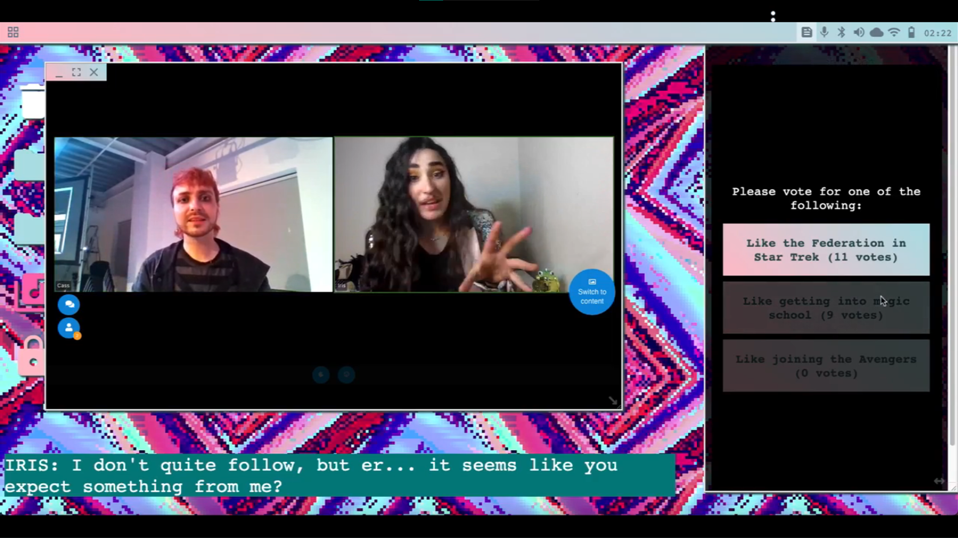 A still from an Intrapology show, appears to depict a neon pink and blue themed computer desktop including a video call between two non-binary people and a panel on the right with buttons allowing the audience to vote among a selection of fictional institutions